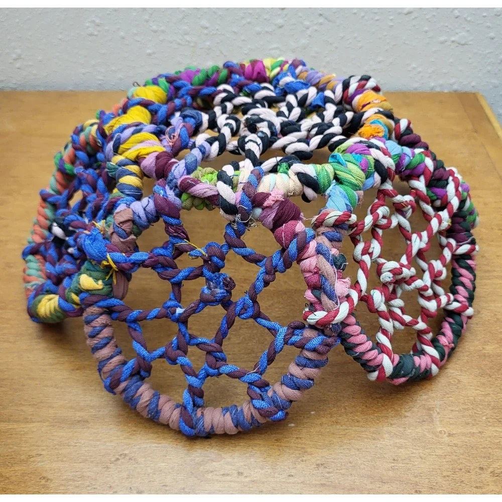 Vtg ‎ Wrapped Twisted Fabric Flower Basket Open Weave Fishermen Net Style Boho